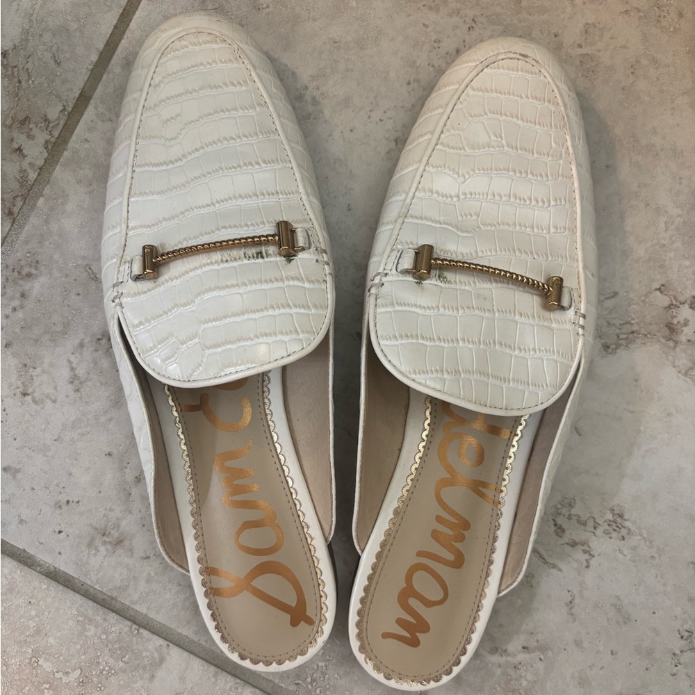 Sam Edelman White Croc-Embossed Slide Mules with Gold Bit